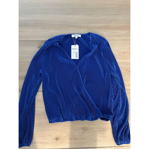 NEW blue Plisse Long Lantern Sleeve Loose Fit V Neck Blouse Top XS